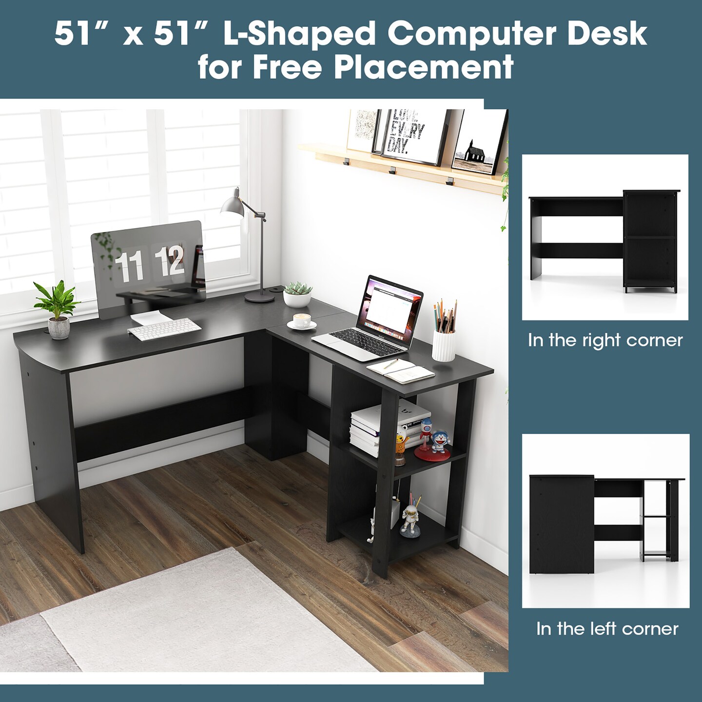 Costway Modern L-Shaped Computer Desk Writing Study Office Corner Desk w/Shelves