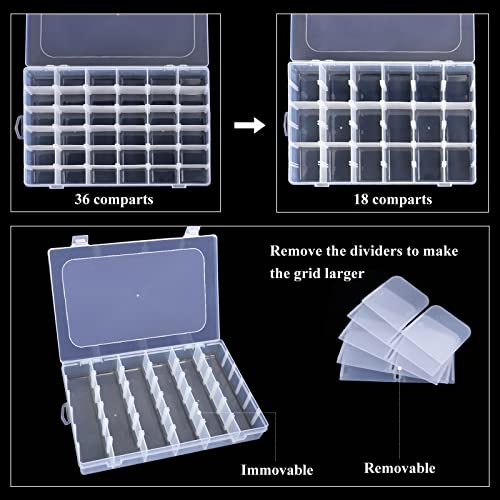 2 Pack 36 Grids Clear Plastic Organizer Box Container Craft Storage with Adjustable Dividers for Beads Organizer Art DIY Crafts Jewelry Fishing Tackles with 5 Sheets Label Stickers