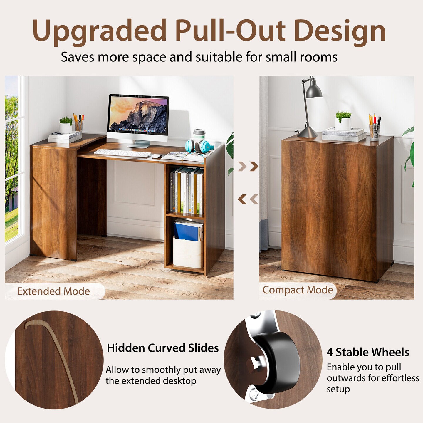 Extendable Computer Desk for Small Space with Mobile Shelves