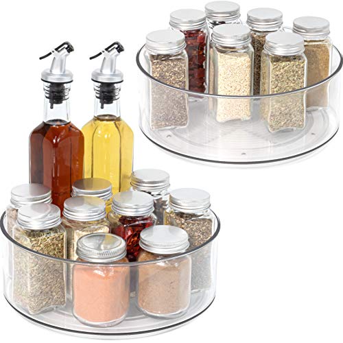 2 Pack Round Plastic Clear Rotating Turntable Organization & Storage Container Bins for Cabinet, Pantry, Fridge, Countertop, Kitchen - Spinning Organizer for Spices, Condiments