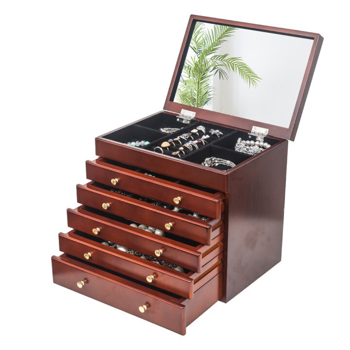 InQ Boutique Large Wooden Jewelry Necklace Ring Box Organizer Storage 6 Layers Mirror Gift