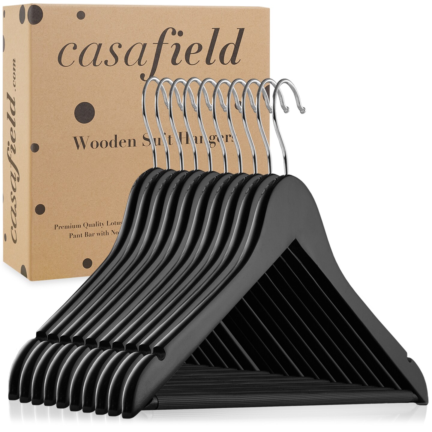 Casafield - 10 Wooden Suit Hangers - Premium Lotus Wood with Notches &#x26; Chrome Swivel Hook for Dress Clothes, Coats, Jackets, Pants, Shirts, Skirts