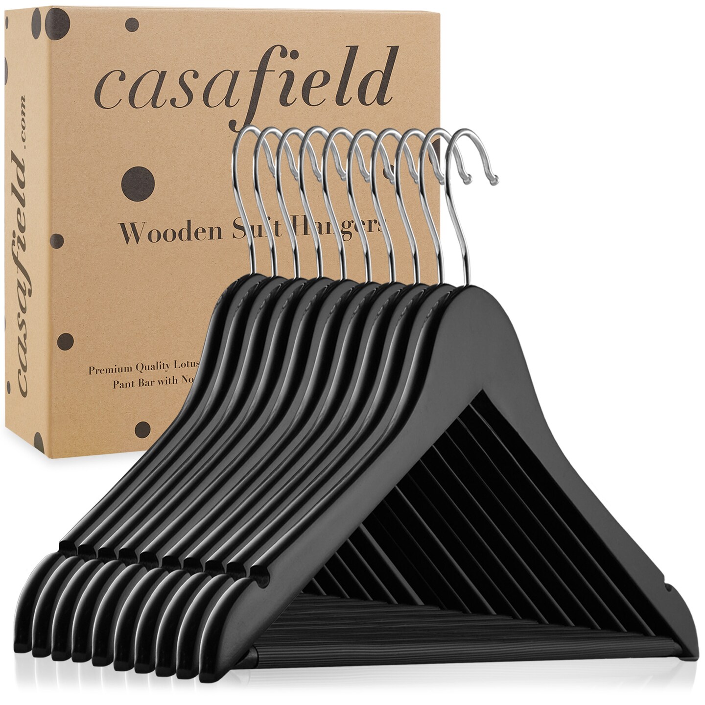 Casafield - 10 Wooden Suit Hangers - Premium Lotus Wood with Notches & Chrome Swivel Hook for Dress Clothes, Coats, Jackets, Pants, Shirts, Skirts