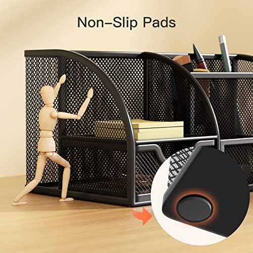 Mesh Desk Organizer Multifunctional Desktop Office Supplies Holder with 6 Compartments and 1 Drawer for Home School Classroom