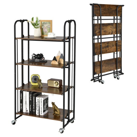 Rustic Brown Wooden Foldable Rolling Cart with Metal Frame and Storage Shelves Suitable to Any Room
