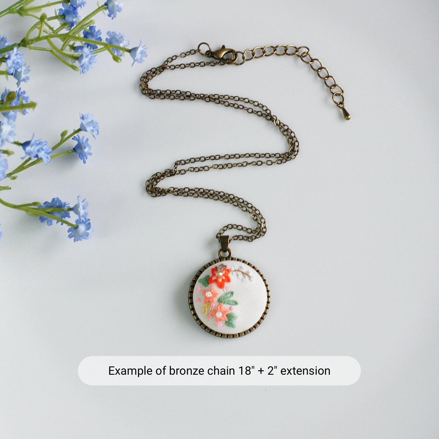 Embroidered Pendant with Rose Buds in Antique Bronze Chain