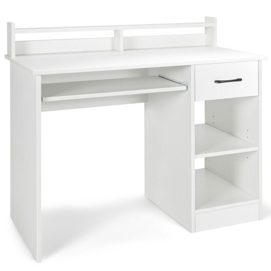 Modern Computer Desk with Large Drawer Pull-Out Keyboard Tray and Multi-Level Storage Shelf