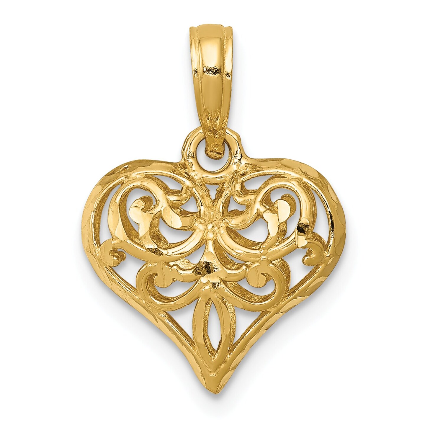 14K Gold Diamond Cut Open Fleur-De-Lis Heart Pendant Charm Jewelry 20 x 8 mm