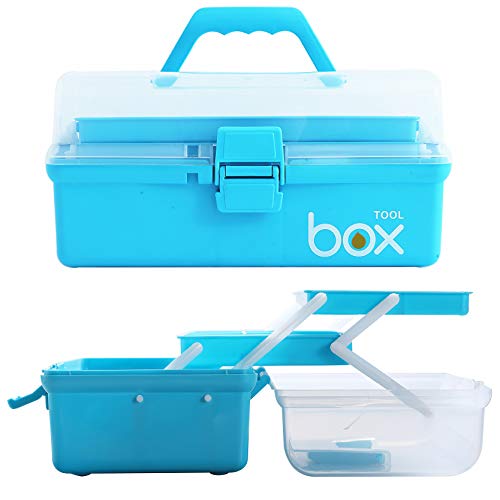 12'' Three-Layer Clear Plastic Craft Storage Box, Tool Box/Sewing Box Organizer, Art Storage Box with Handle (Light Blue)