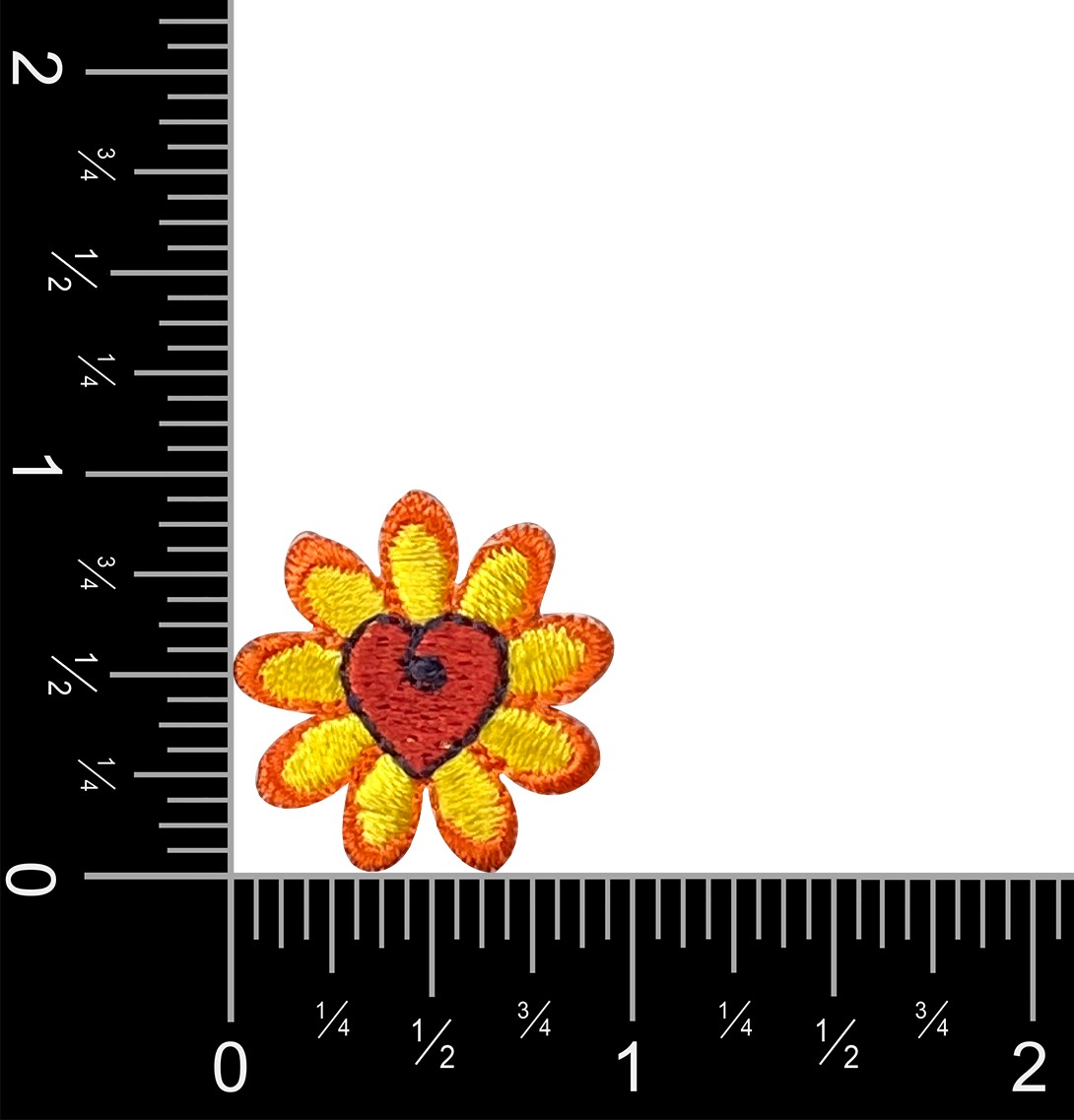 Yellow Daisy Flower with Red Heart Center, Embroidered, Iron on Patch