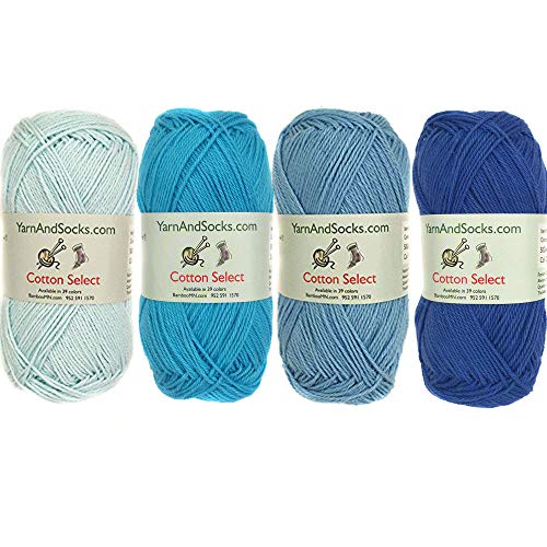 JubileeYarn Cotton Select Yarn - Sport Weight - 50g/Skein - Shades of Blue  - 4 Skeins