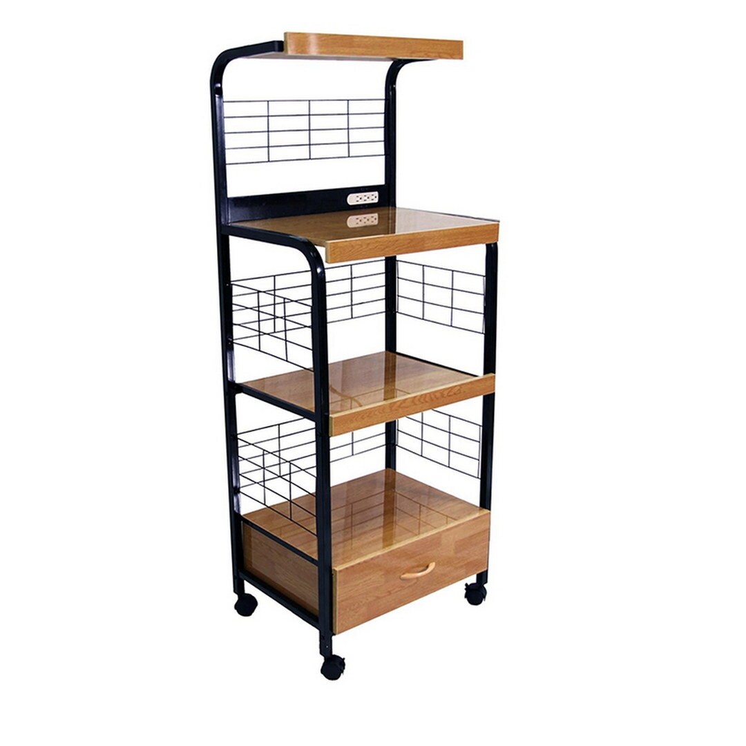 59.5&#x22; Tall -Tier Microwave Kitchen Cart with Drawer and Outlet, Black and Natural