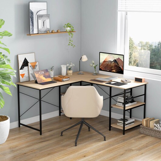 L Shaped Computer Desk with 4 Storage Shelves and Cable Holes