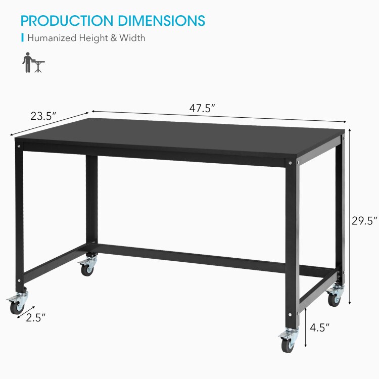 Wood Top Metal Frame Rolling Computer Desk Laptop Table-Black