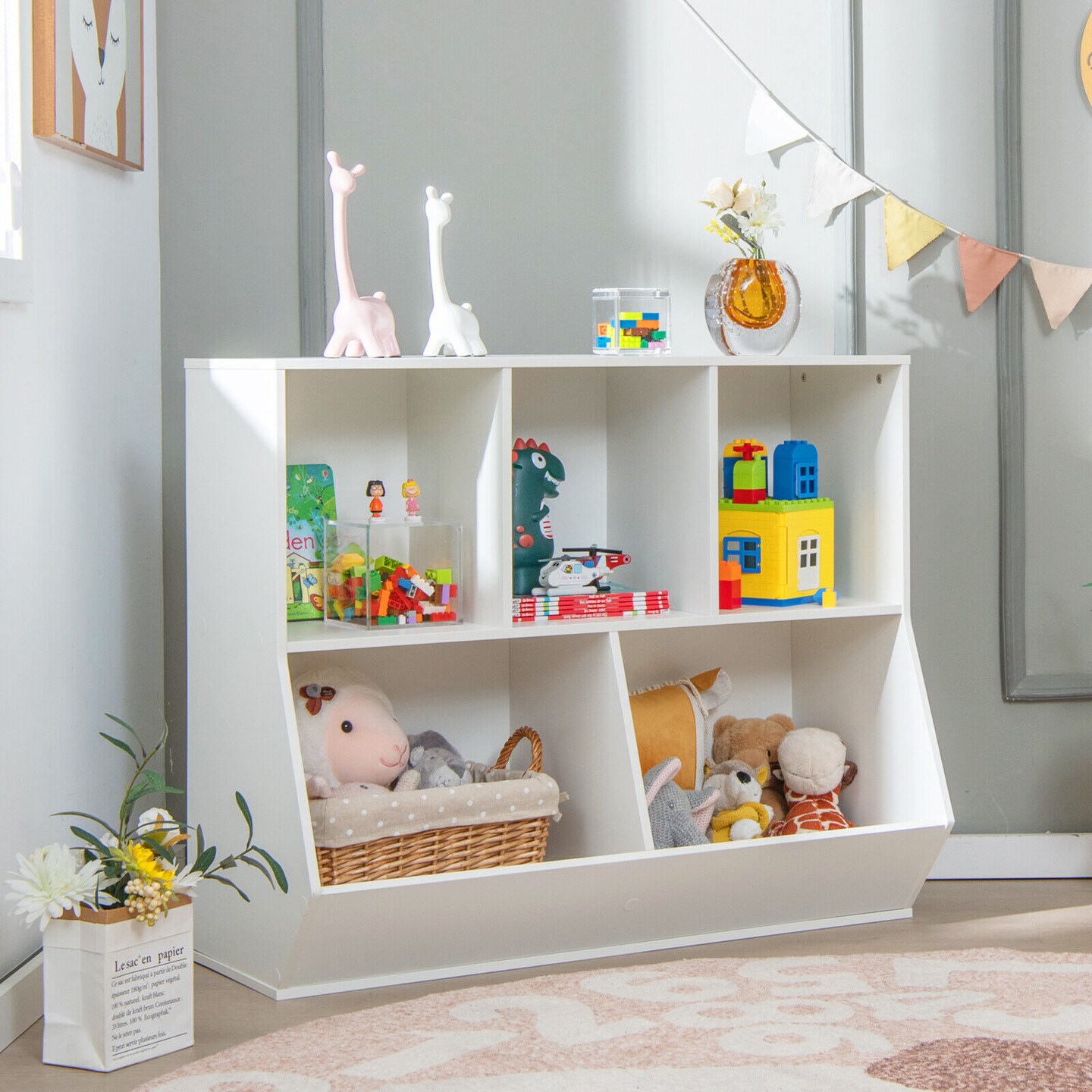 5-Cube Wooden Kids Bookshelf Organizer with 3 Upper Cubes for Books and 2 Large Cubes for Toys
