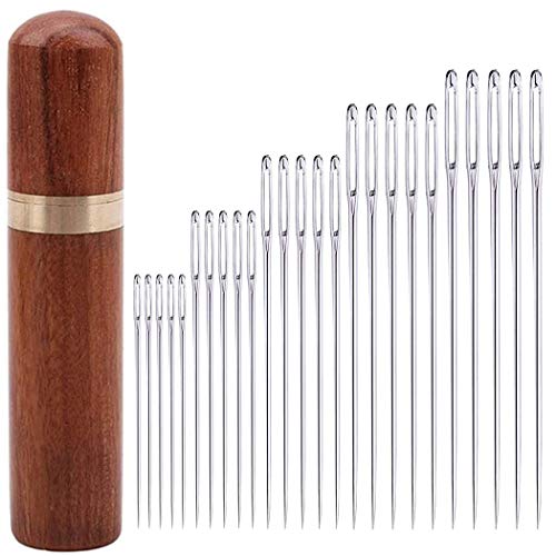 25 Pcs Hand Sewing Big Eye Needles Sharp Needle,with Solid Wood Needle Case for
