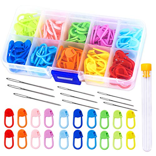 120 Pieces Knitting Crochet Stitch Markers, Colorful Knitting Markers Crochet Clips with 9 Pieces Big Eye Sewing Needles (2inch×3/2.3inch×3/2.7inch×3)
