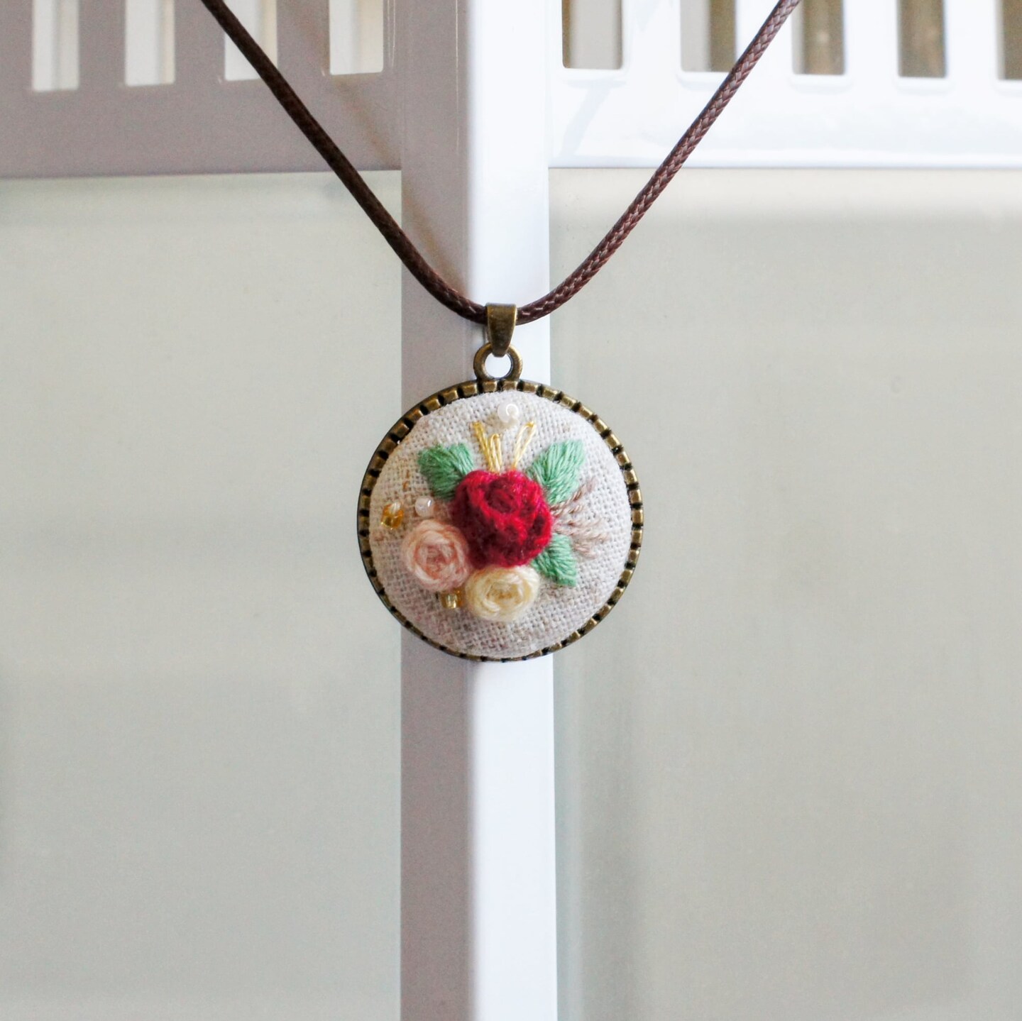 Mesmerizing 3D Red Rose Embroidered Pendant on Natural Color