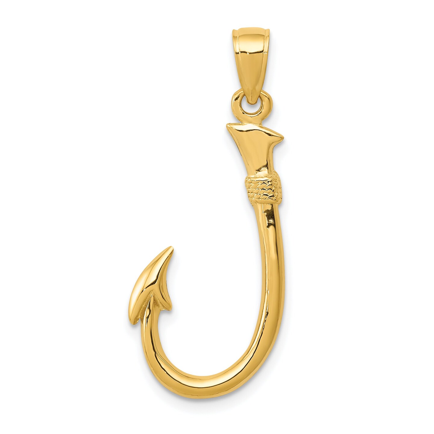 14K Yellow Gold 3D Fish Hook Charm Fishing Pendant Jewerly 33mm x 12mm