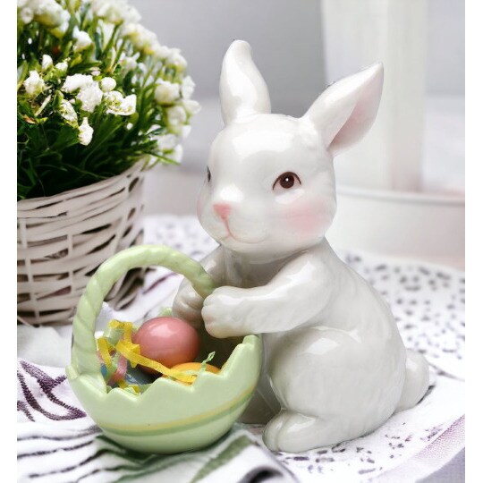 kevinsgiftshoppe Ceramic Bunny Rabbit With Easter Egg Basket Figurine Home Decor   Kitchen Decor Spring Decor Easter Decor