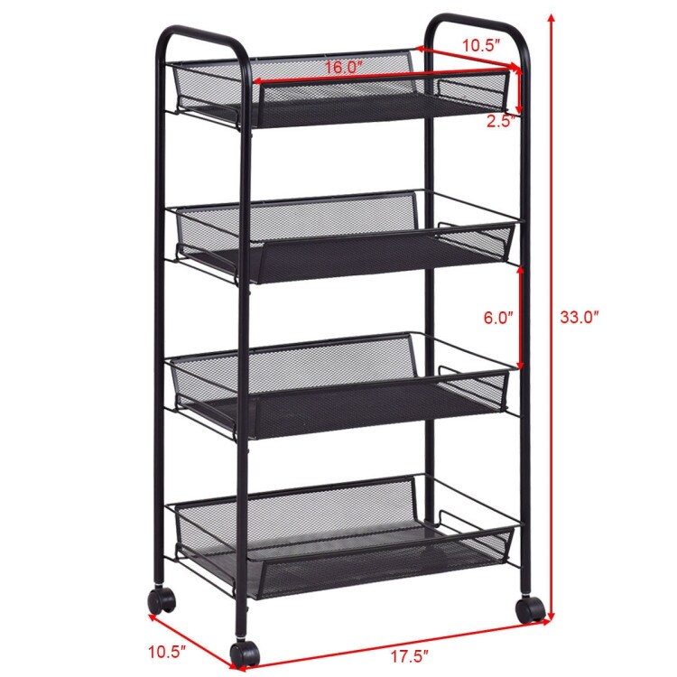 Black/Gray 4 Tier Storage Rack Trolley Cart