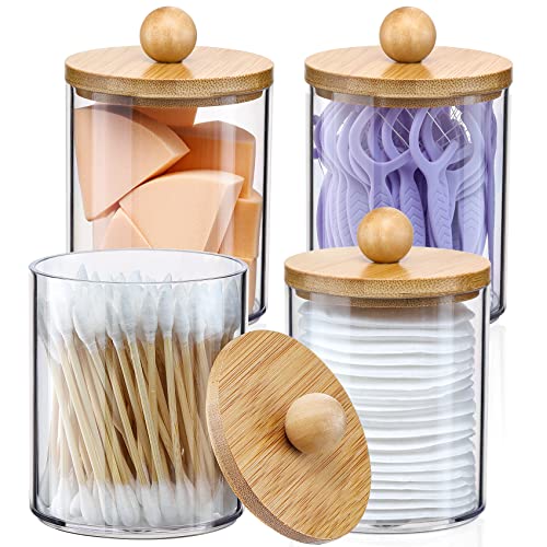 4 Set Plastic Storage Bins with Bamboo Lids - Clear Container with