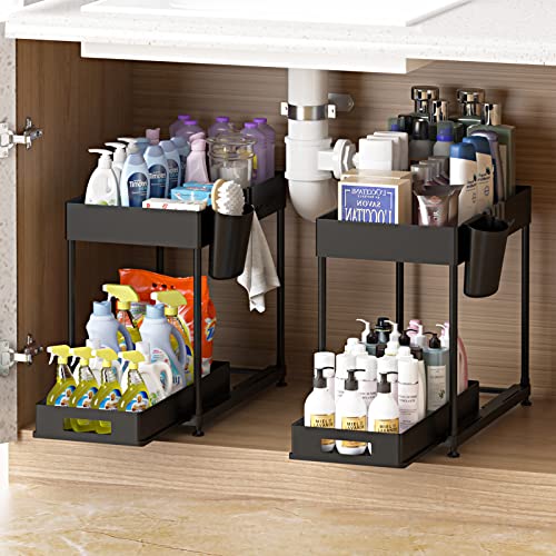 NYYTGE Under Sink Organizer Bathroom Cabinet Storage 2 Tier Rack with 4  Hooks, Baskets, Multi-purpose Shelf for Kitchen, Black Bottom Slide
