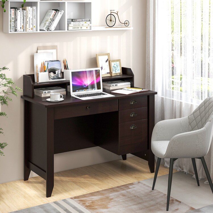 Modern Computer Desk with Storage Shelves and 4 Drawers