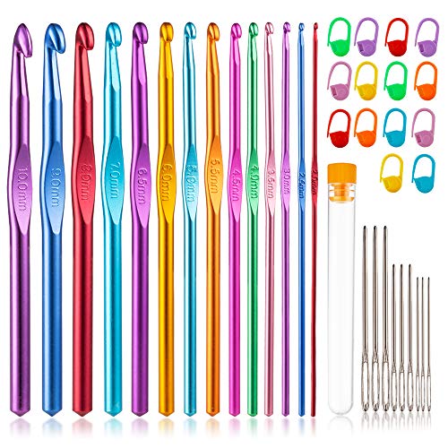 37 PCS Crochet Hooks Set, High Quality Coloured Aluminum Ergonomic Handle Crochet, Hook Needles for Arthritic Hands, with Stitch Markers and Large-Eye Blunt Needles