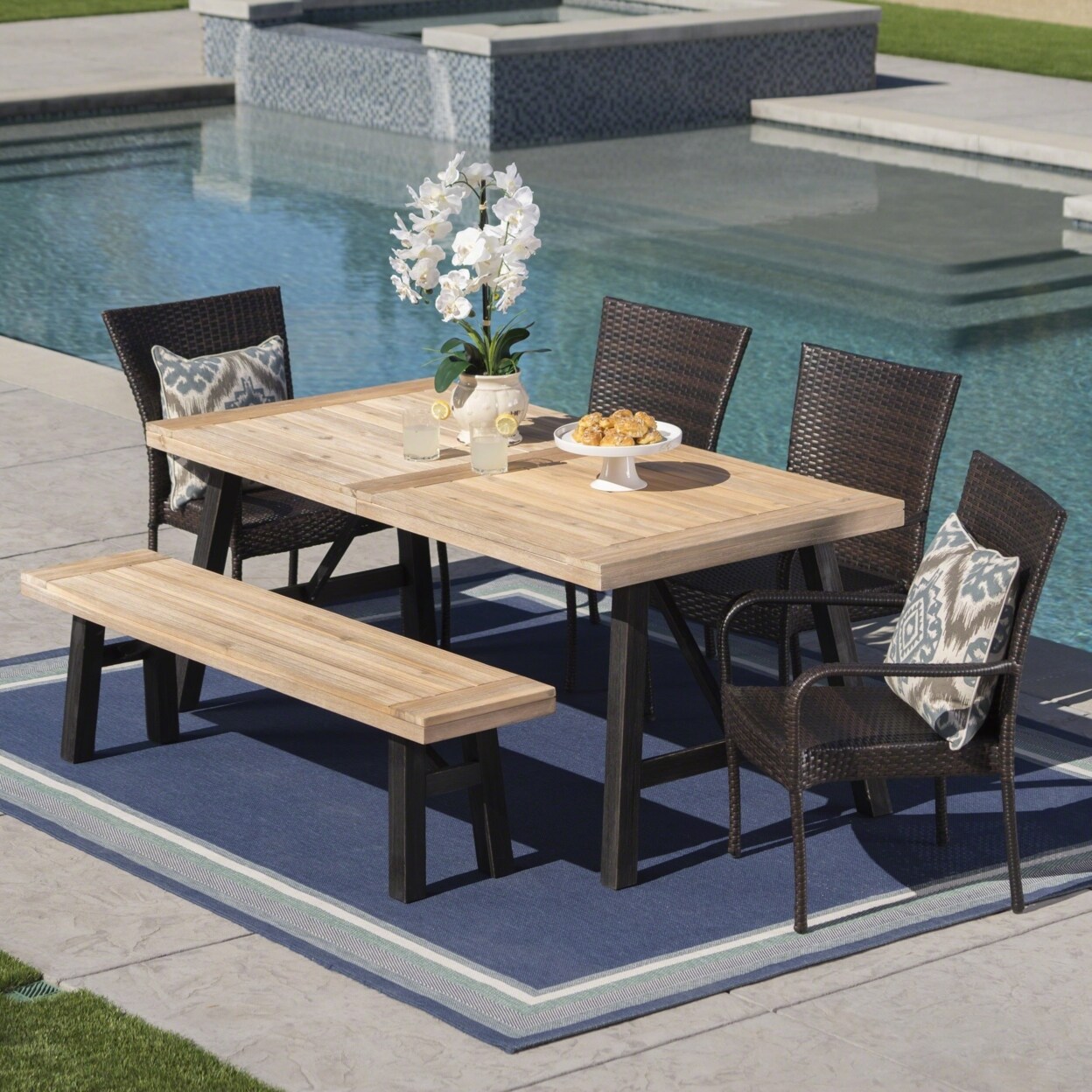 GDFStudio Porto Outdoor 6 Piece Acacia Wood Dining Set with Wicker Stacking Chairs