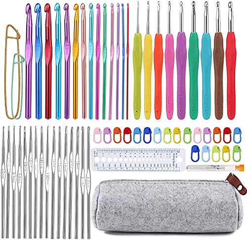 72 Pcs Crochet Hooks Set, Crochet Hooks Kit Plus Large Eye Blunt Needles Ergonomic Yarn Knitting Needles Marking Clips Tools Set with Crochet Needle Accessories
