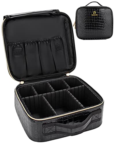 Travel Makeup Case, Train Case Makeup Brush Organizer, Professional Makeup Artist Makeup Organizer, with Adjustable Partition and Shoulder Straps, Train Case Makeup Bag (Crocodile, Small)