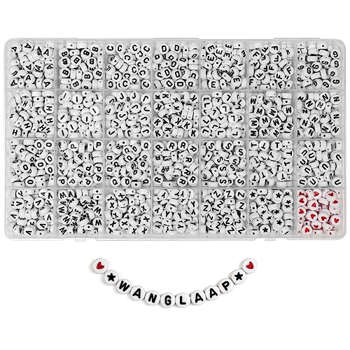 1450 Pieces Letter Beads, Acrylic 4x7mm Round Letter Beads Kits, Alphabet Beads A-Z and Red Heart Black Star Beads for Bracelets Necklaces DIY Jewelry Making (White)