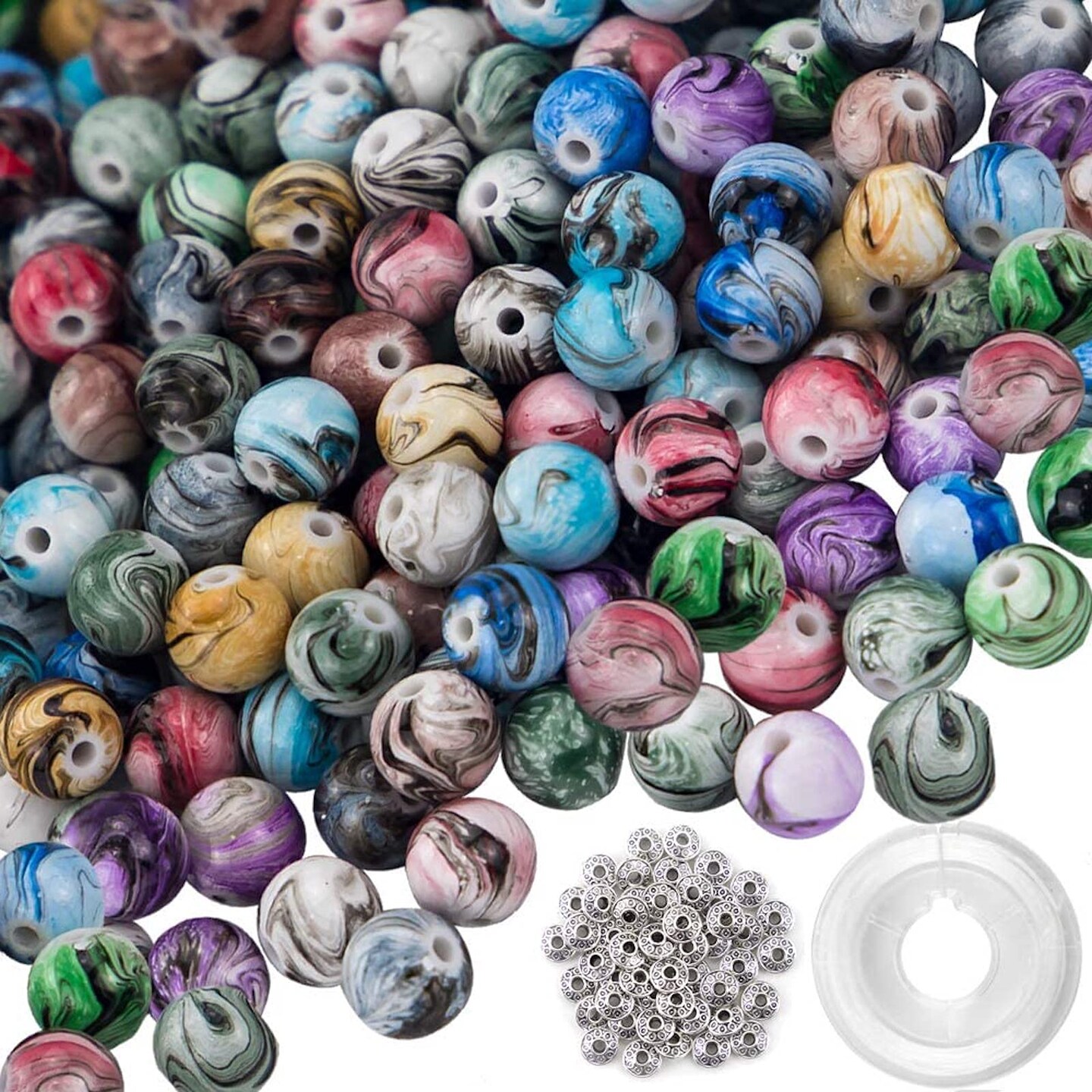 500 Pieces Craft Beads for Jewelry Making, for Bracelets Making,Space Acrylic Beads in Ink Patterns with 50pcs Spacer Beads and Crystal String (8mm)