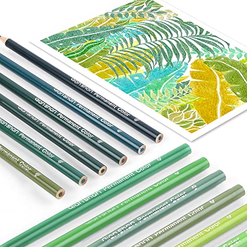 12 Green Colored Pencils Oil Based Pre-sharpened Wooden Colored Pencil Set for Adults Coloring Books Drawing Sketching Art Supplies, No Duplicates