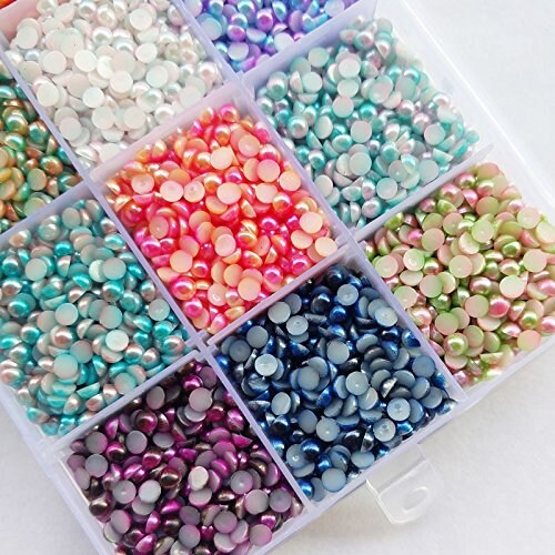 Chenkou Craft 18000pcs Assorted 15 Colors Gradient Color Half Flatback Imitation Pearl Bead 3mm Flat Back Gem Scrapbook Craft DIY Beads + Plastic Box