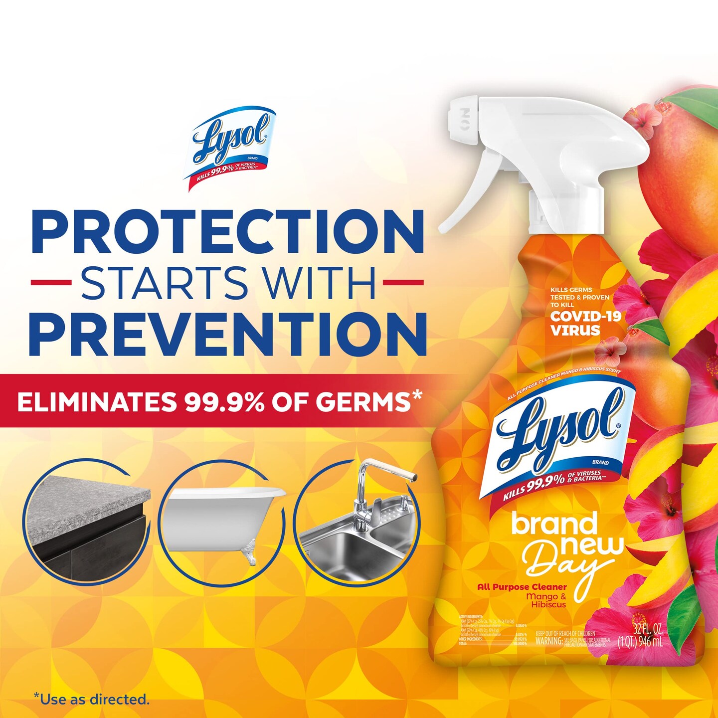 Lysol All-Purpose Cleaner, Sanitizing and Disinfecting Spray, To Clean and Deodorize, Mango &#x26; Hibiscus Scent, 32oz