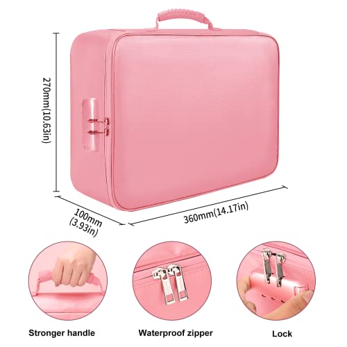 File Organizer Bag with Lock, Fireproof Document Bag with Water-Resistant Zipper,3-Layer Portable Travel Home Office Filing Storage Safe Bag for Files,Cash,Laptop,Passport,Certificates,Pink