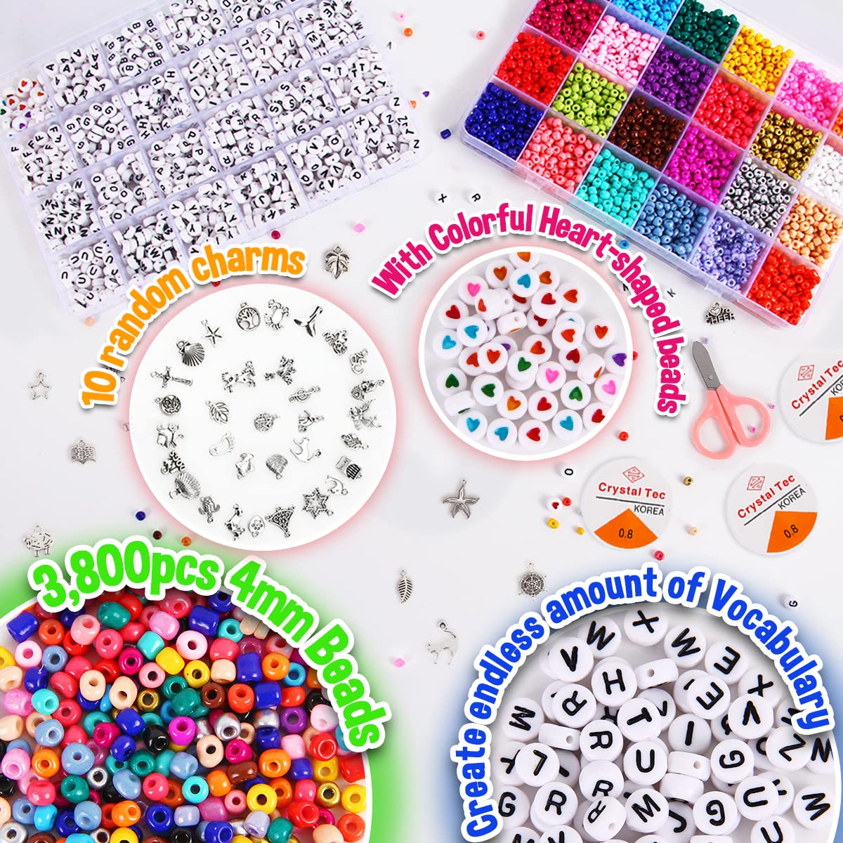 5000 Pieces Jewelry Making Kit Beads for Bracelets -  Bead Craft Kit Set, Glass Pony Seed Letter Alphabet DIY Art and Craft - Gift for Her Women Kid Age 6 7 8 9 (4mm)