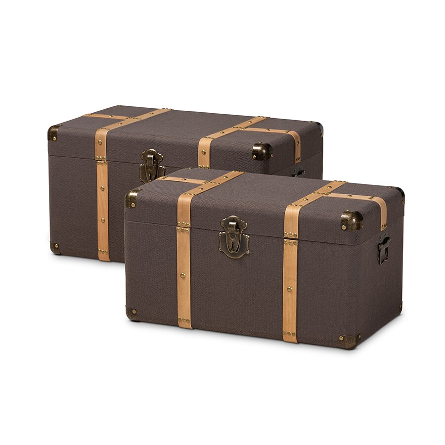 Wholesale Interiors Transitional Dark Brown Fabric Upholstered and Oak Brown Finished 2-Piece Storage Trunk Set
