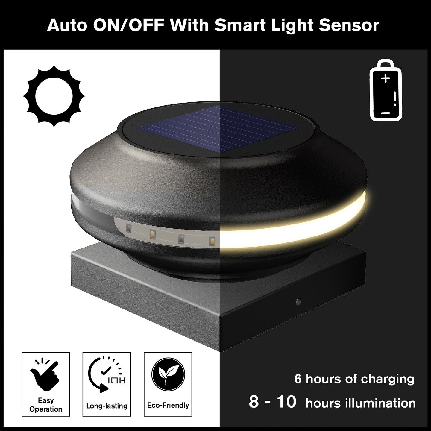 Black Round Solar Powered Post Cap Lights for Wood or Vinyl Posts, Warm White/Colorful(Set Of 4)