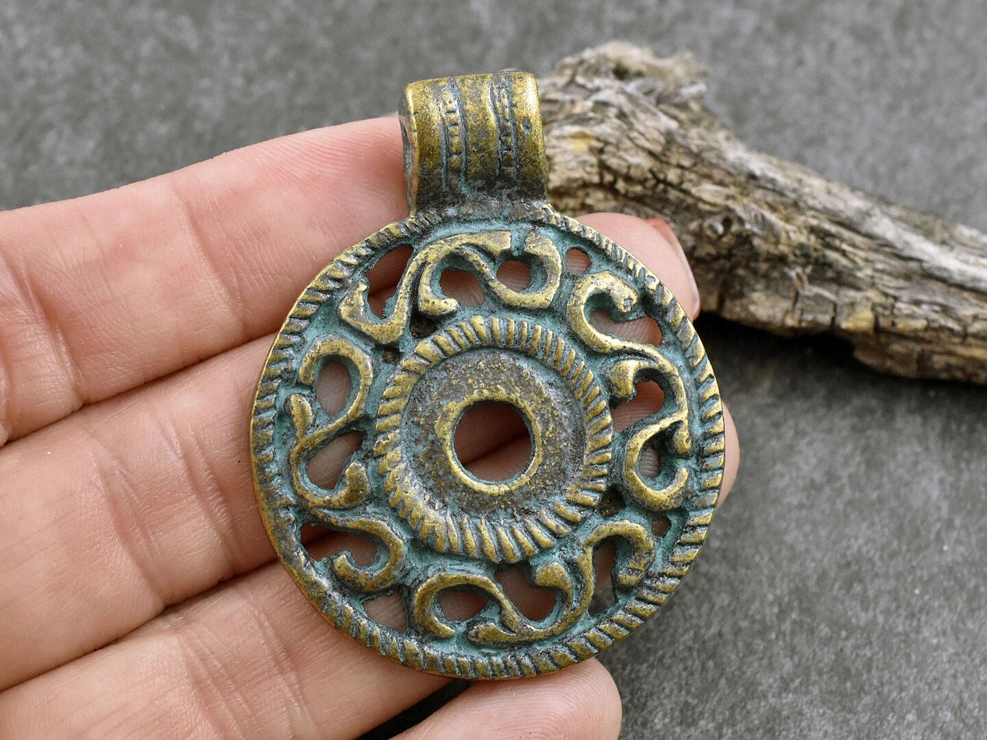 42x52 Green Patina Brass Medallion Pendant