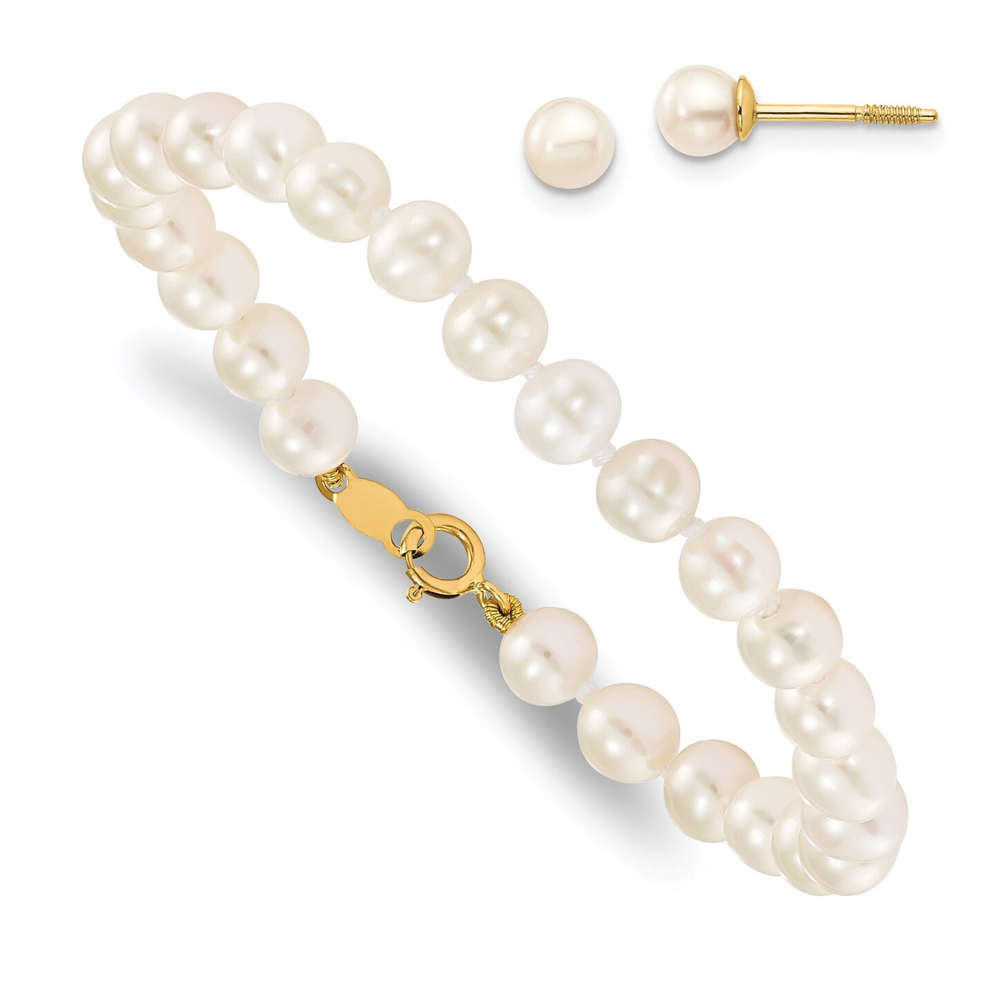 14K Gold Cultured Pearl Bracelet &#x26; Stud Earrings Set