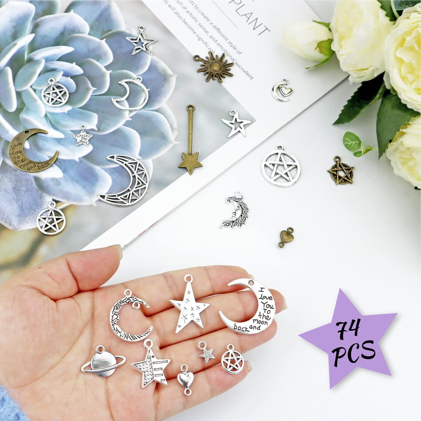 Celestial Mixed Sun Moon Star Charms, Wholesale Bulk Lots Antique Alloy Charms Pendants DIY for Necklace Bracelet Jewelry Making and Crafting, 100g(74PCS)