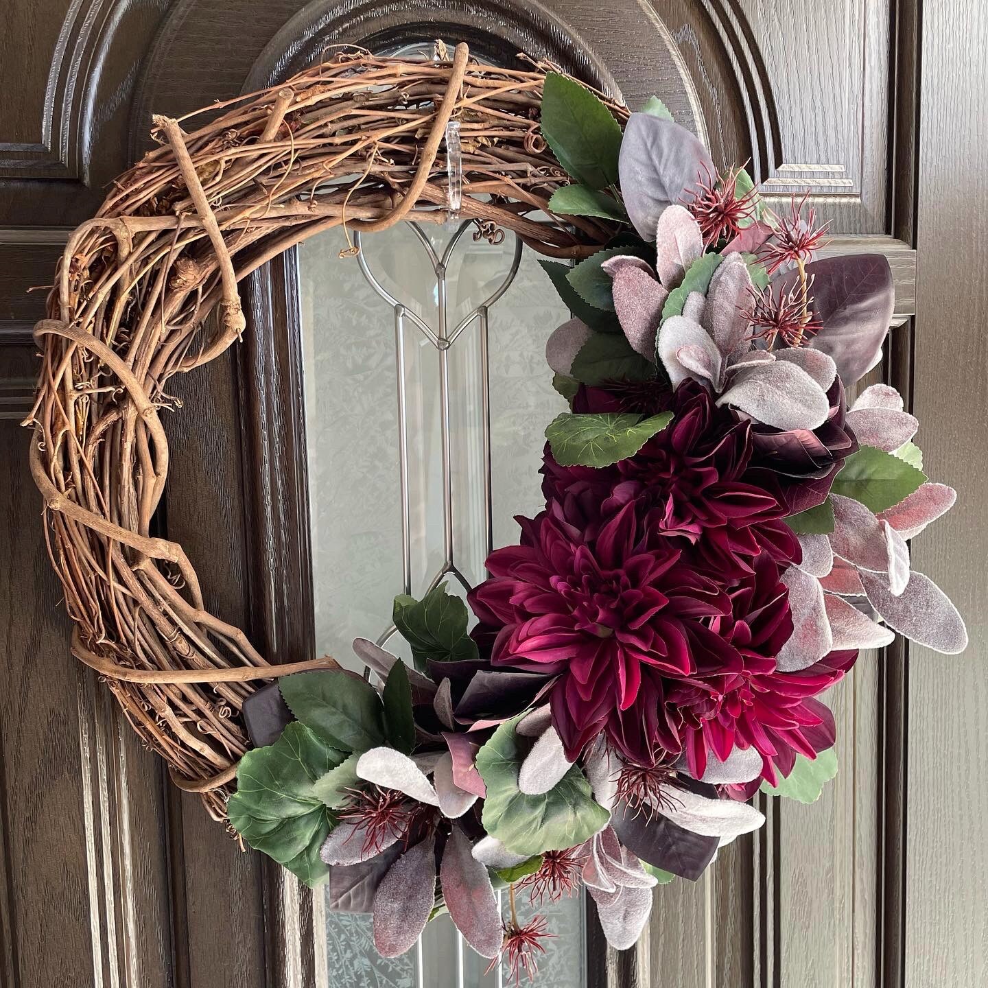 Fall Burgundy Dahlia Wreath for Front Door with Lambs Ear, Elegant