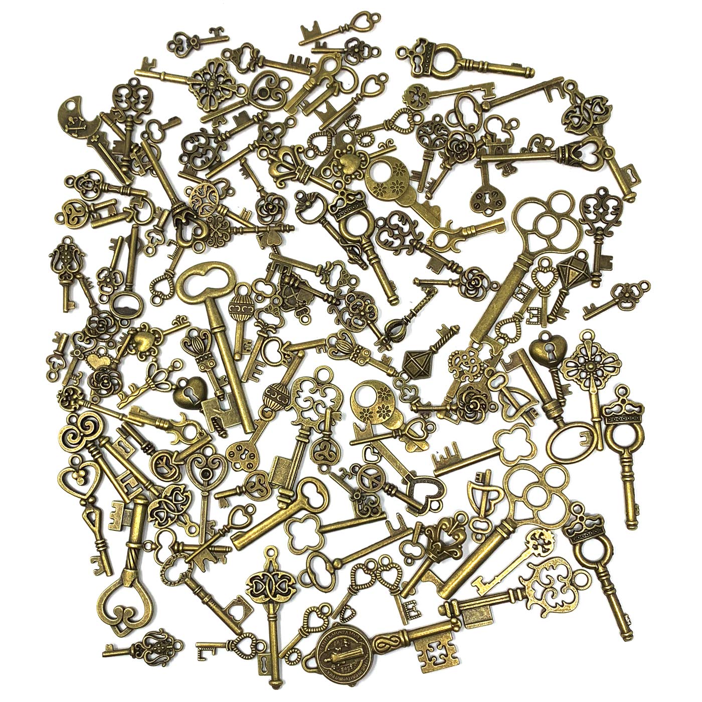 JIALEEY 125 PCS Vintage Skeleton Key Set Charms, Mixed Antique Style Bronze Brass Key Set Charms for Pendant DIY Jewelry Making Wedding Party Favors