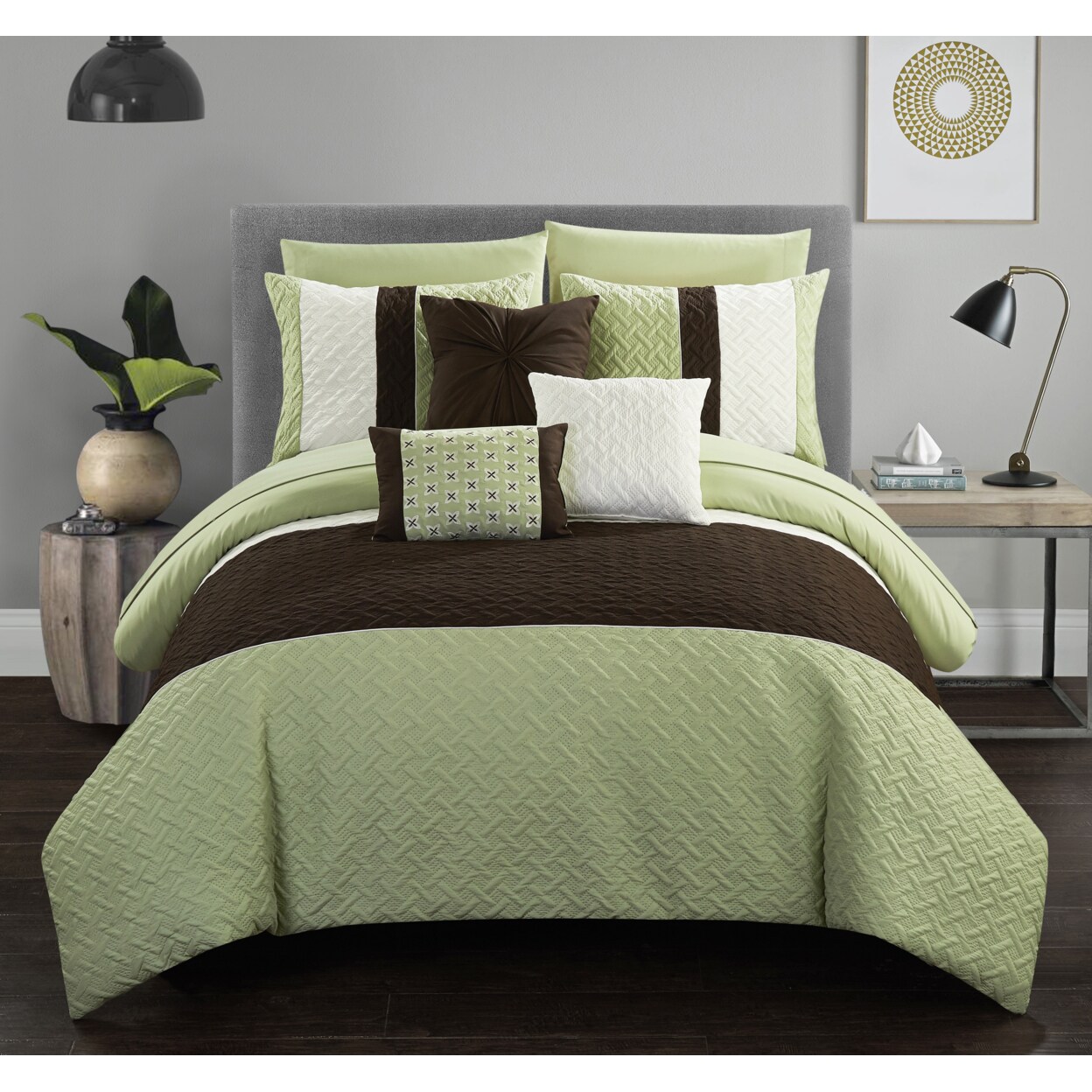 Chic Home Shaila 10 or 8 Piece Comforter Set Color Block Quilted Embroidered Design Bed in a Bag Bedding