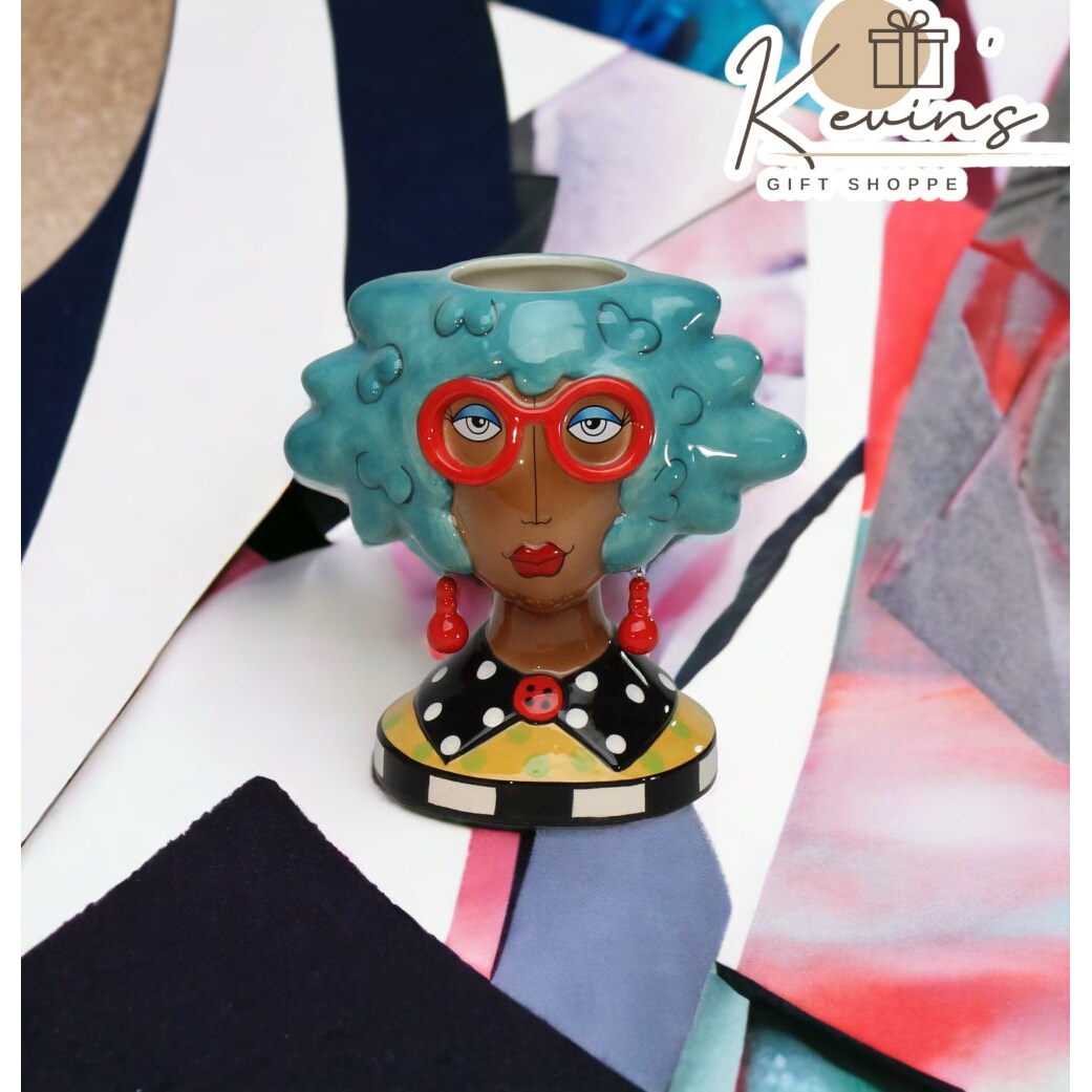 Ceramic African American Lady with Blue Hair Makeup Brush Utensil