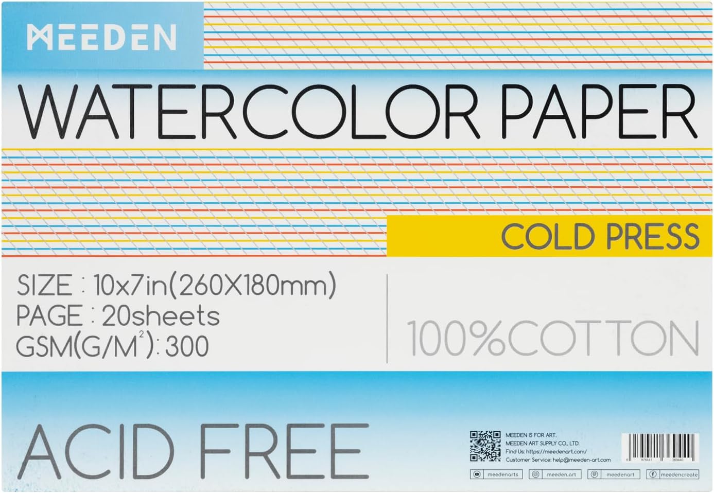 MEEDEN Watercolor Paper Block, 100% Cotton Watercolor Paper Pad of 20 Sheets, 140lb/300gsm, Acid-Free Art Paper for Watercolor, Gouache, Ink and More, 10" x 7" Cold Press