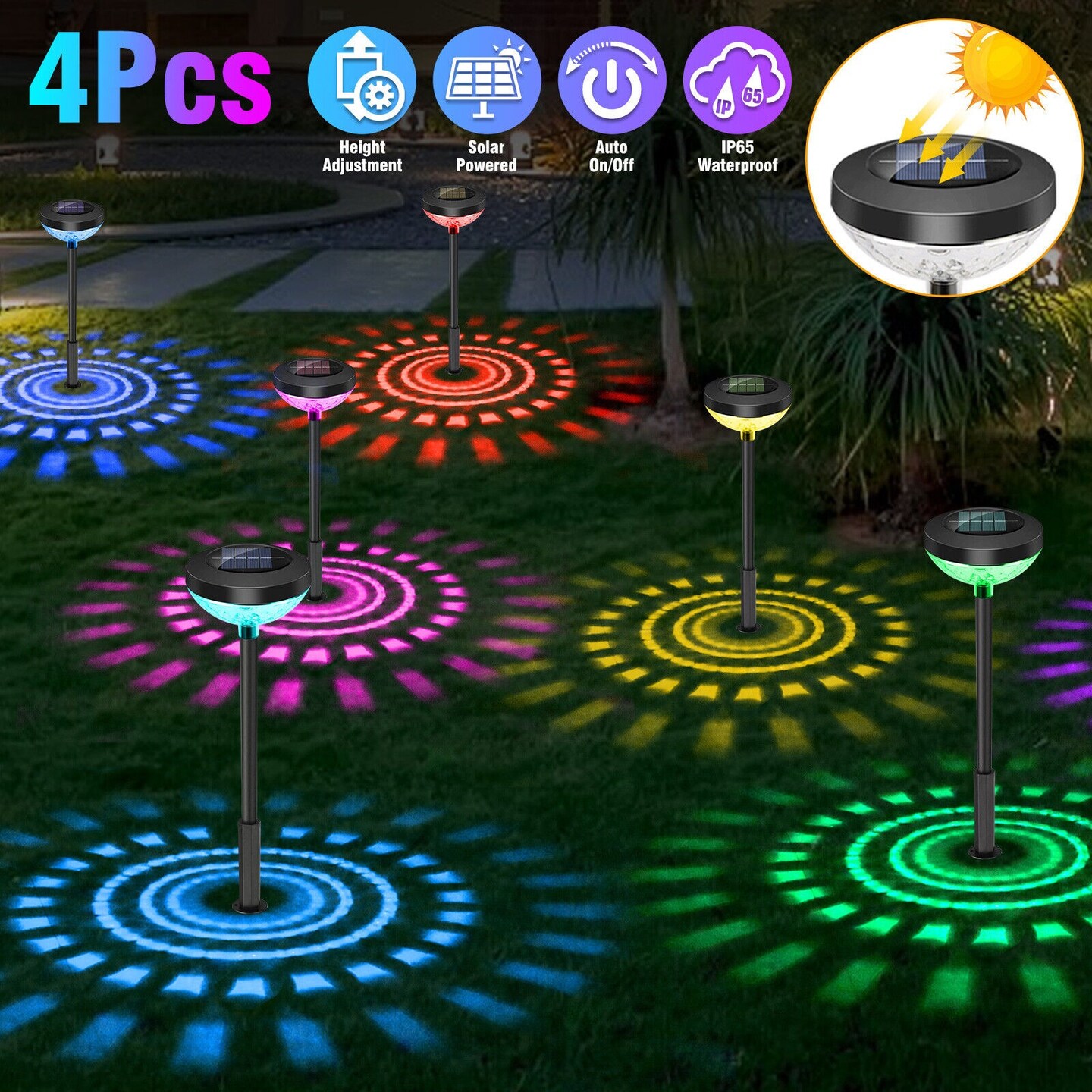 4Pcs 7 Colors Solar Garden Lights Waterproof Landscape LED Lights Pathway Yard